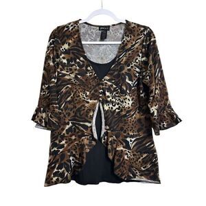 Vintage Joei & I Leopard Print 3/4 Blouse Women's L Ruffle Bell Sleeve Y2K Retro